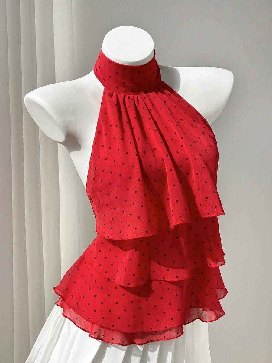 SHEIN PETITE 女款春夏休閒度假風荷葉邊拼接四層雪紡波點印花布料優雅顯瘦抽褶修身綁帶襯衫,適合嬌小女性 - 紅色 - 查看 1