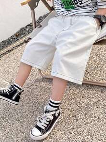 Pantalones cortos de tejido casual de unicolor holgado y pierna recta para niños preadolescentes - Blanco - Ver 4