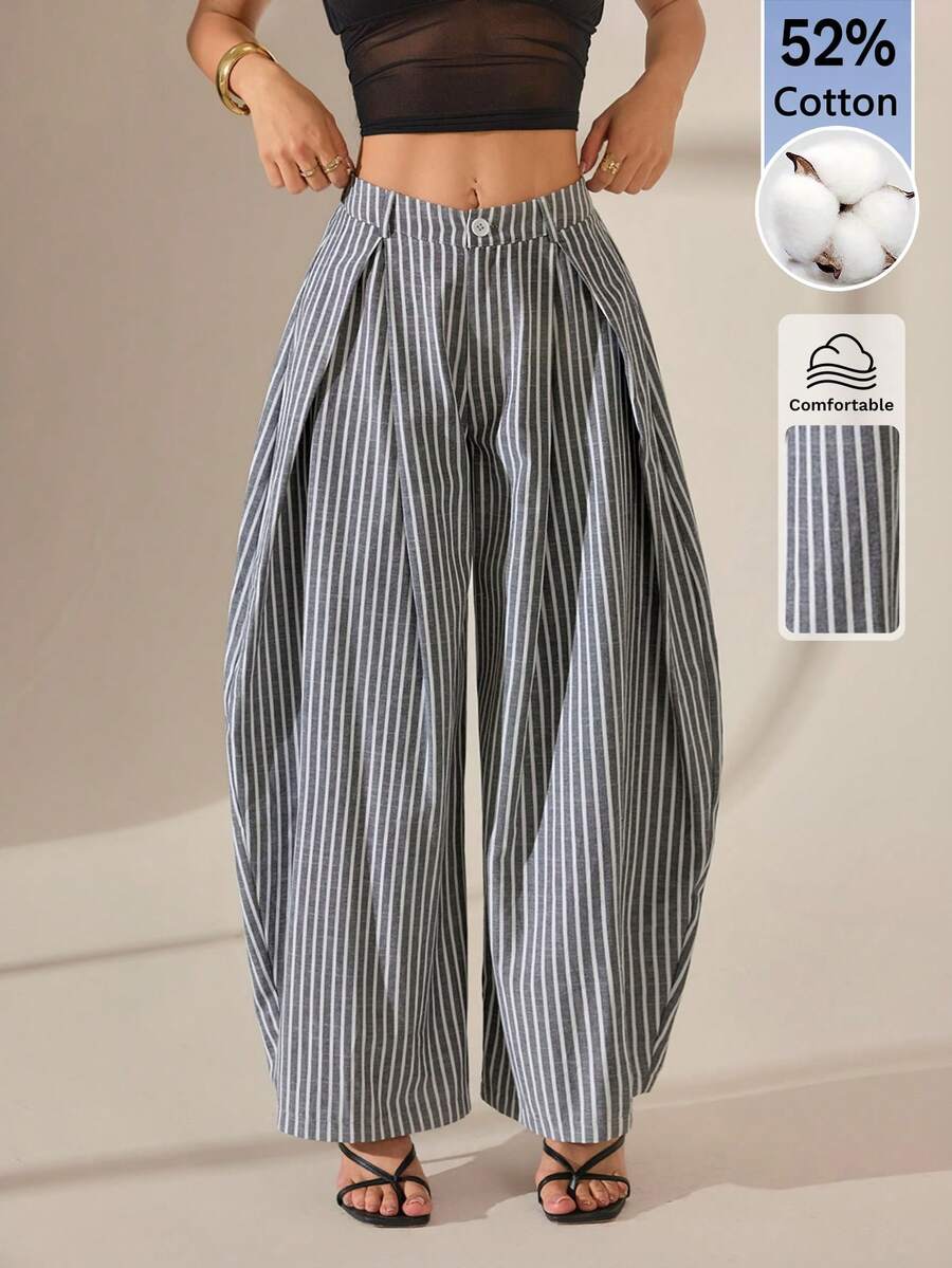 SHEIN PETITE Quần ống rộng dáng rộng kẻ sọc xanh dương chất liệu có họa tiết, phong cách vintage thường ngày, hippie đường phố dành cho nữ mùa hè. - màu đen - Xem 1