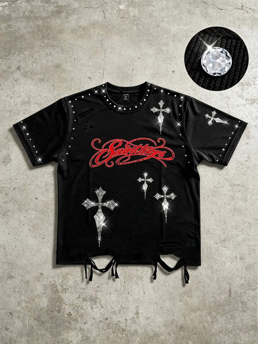 ROMWE MEN Áo thun nam mùa hè mới đính đá giả mài mòn nặng, áo thun ngắn tay phong cách đường phố punk casual cá tính, áo thun unisex cho cặp đôi và nữ - màu đen - Xem 1