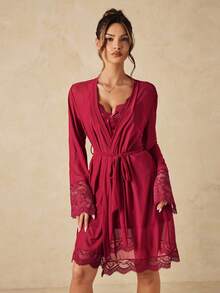 HautHeat Women's Bow Decor Camisole Nightgown And Cardigan Casual Daily Home Pajama Set - Burgundy - View 6