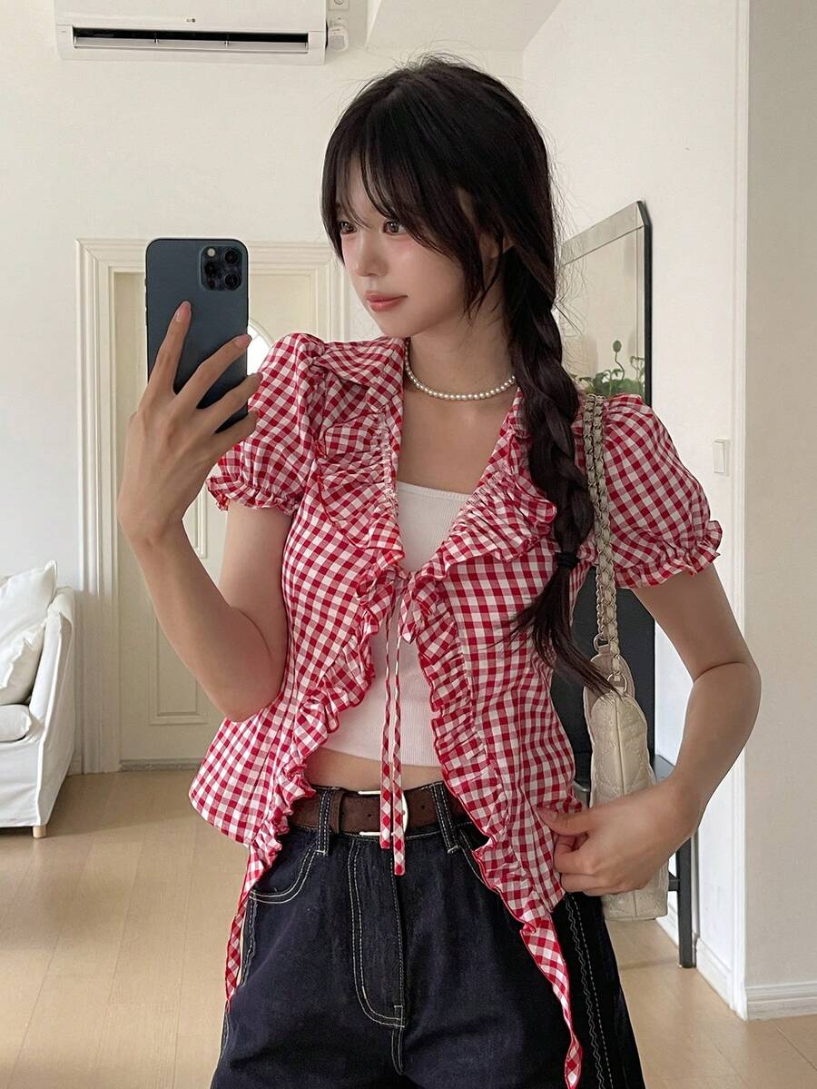 DAZY 女款韓式格紋可愛70年代風荷葉邊短袖青春感襯衫 夏季慕尼黑啤酒節野餐派對 紅白格紋 - 紅色 - 查看 1