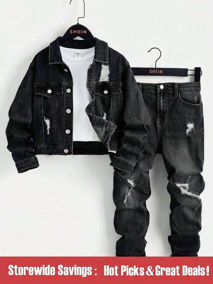 SHEIN 2 件套时尚破洞牛仔套装,适合青少年男孩 - 休闲牛仔裤和上衣 - 黑色 - 查看 1
