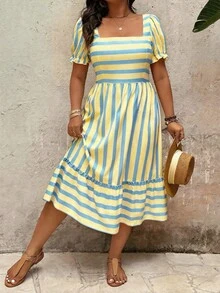 SHEIN Clasi Elegant Patterned Plus Size Women's Spring Summer Dress - Multicolor - View 3
