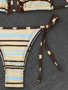 Swim Mod Retro Sexy Tropical Light Blue Print Halter Bikini Set, Pleated Trim Triangle Top With Straps, Tie-Belt Side Swimsuit Shorts. Summer Women's Swimwear - Multicolor - View 5