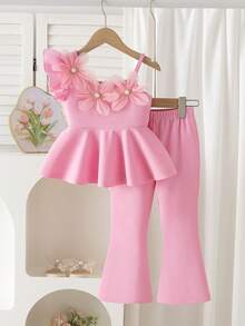 Elladie kids Teen Girls 2-Piece Spring Summer Set, Fresh Pink Floral Pearl Embellished One Shoulder Top With Flared Trousers, Ideal For Party & Vacation - Pink - View 2