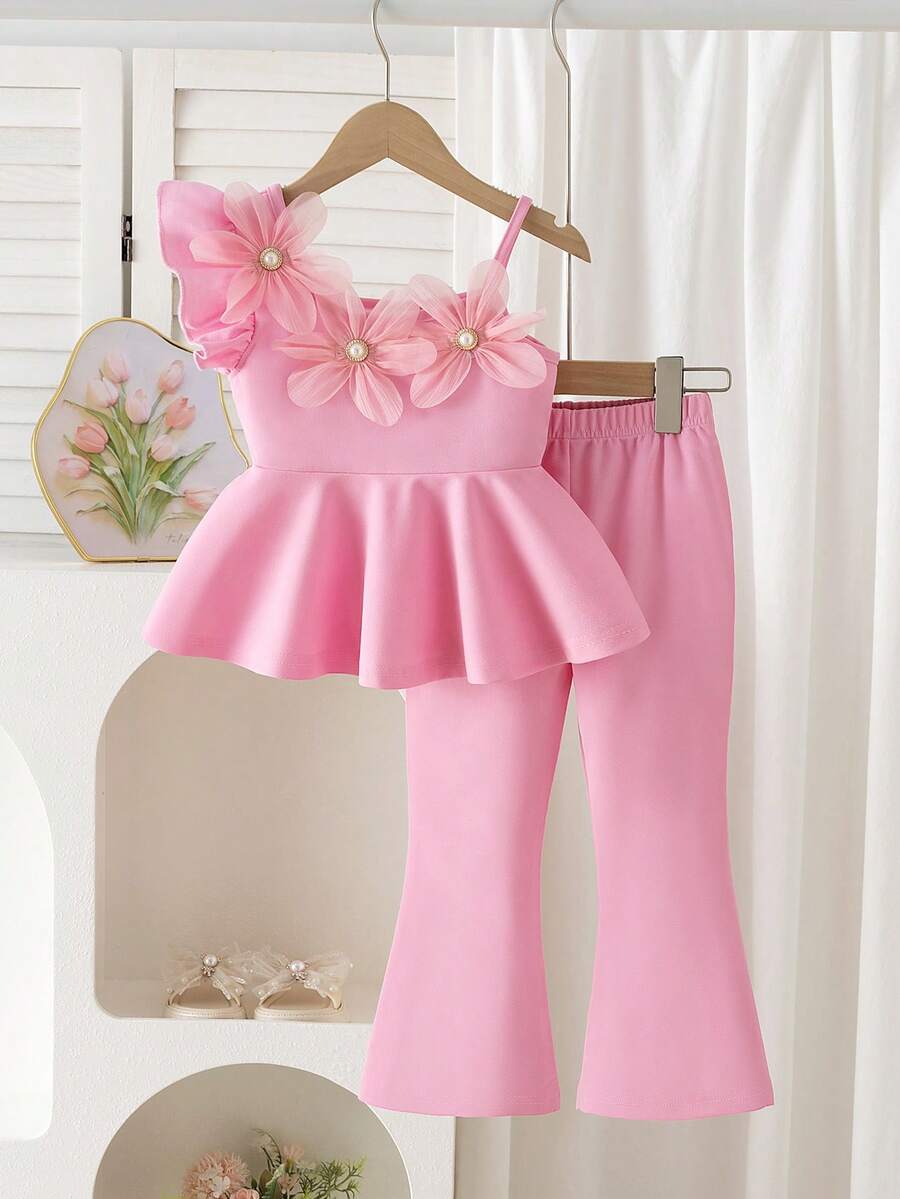 Elladie kids Teen Girls 2-Piece Spring Summer Set, Fresh Pink Floral Pearl Embellished One Shoulder Top With Flared Trousers, Ideal For Party & Vacation