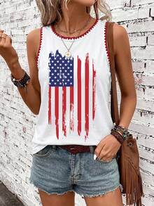 SHEIN LUNE Casual Graphic Western Minimalist Style 95 White Pure Cotton Red Shell Embroidery Patchwork American Flag Print Pattern Vacation Summer Tank Top - White - View 4