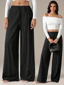 SHEIN Tall 女款春夏度假黑色抽繩腰鬆身直筒長褲，居家、外出適用 - 黑色 - 查看 8