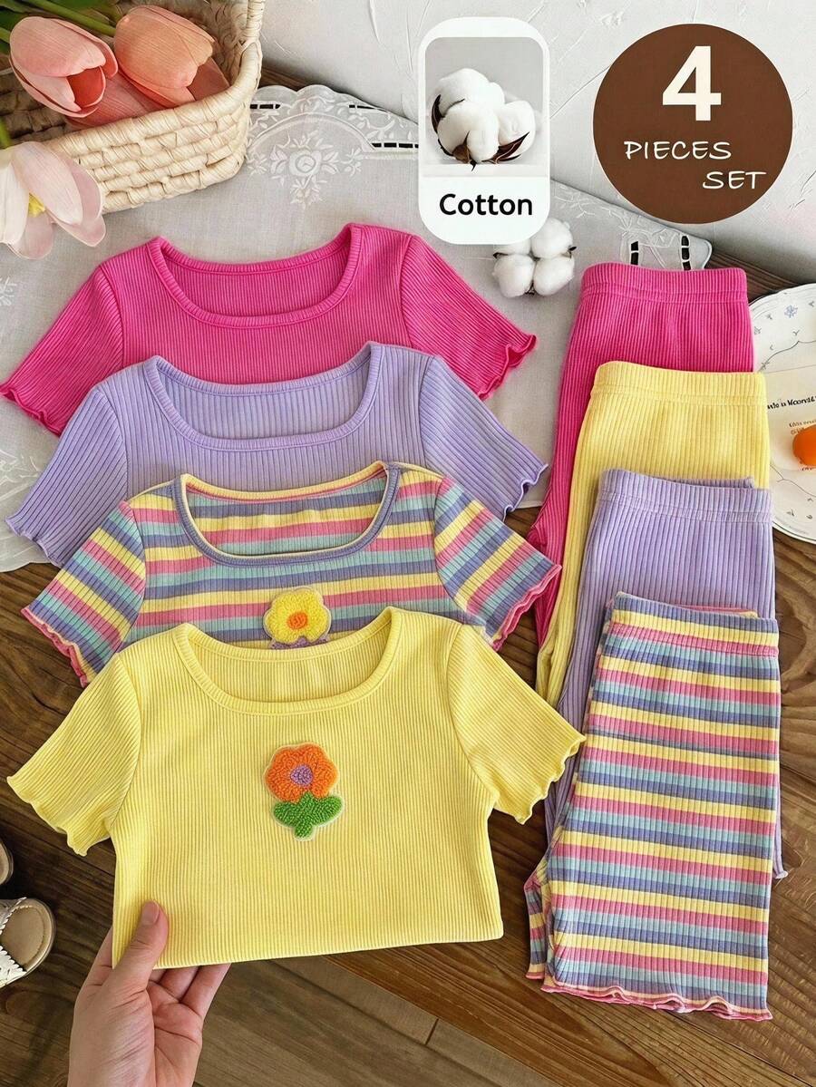 SHEIN 4pcs Baby Girl Casual Solid Color Knit Ruffle Trim Short Sleeve Top Set - Multicolor - View 1