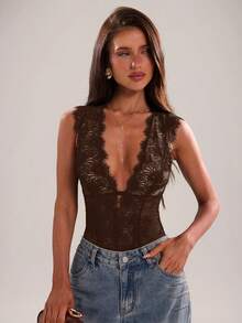 SHEIN BAE 女款蕾絲拼接透視時尚性感連身內衣 - 咖啡棕 - 查看 3