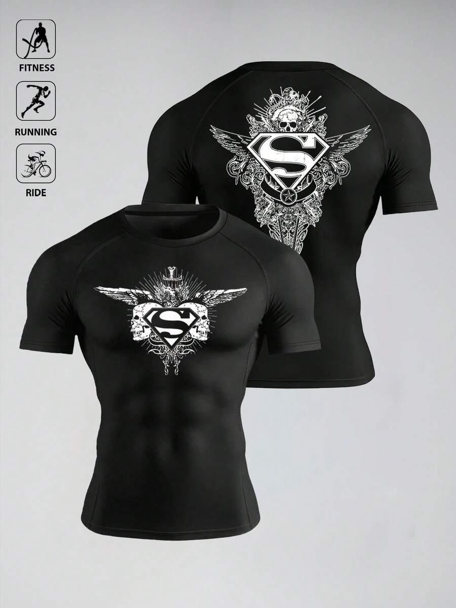 SUPERMAN X SHEIN RISE LYT Men's Graphic & Letter Print Slim Fit Round Neck Short Sleeve Sports T-Shirt, Summer, Gym, Holiday - Black - View 1