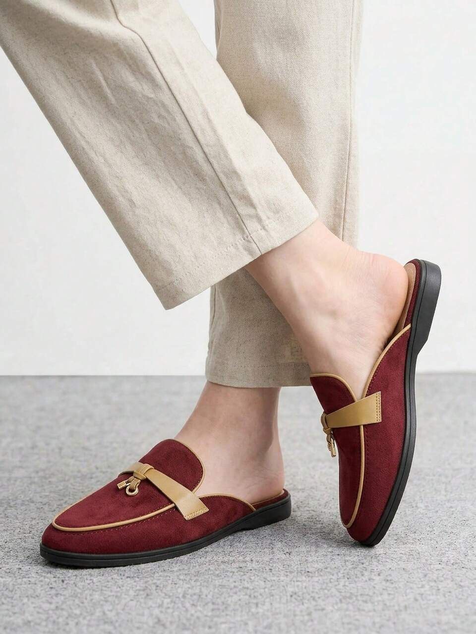 CUCCOO BIZCHIC Women's Shoes Fashion Burgundy Suede Contrasting Color Splicing Flat-Soled Muller Shoes, Suitable For Outdoor Dating And Commuting