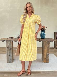 EMERY ROSE Women's Plaid Short Puff Sleeve Casual Loose Mid-Length Dress - Light Yellow - View 7