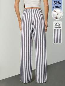 SHEIN Tall 女款黑白條紋編織寬腿休閒沙灘長褲，春夏款，適合高個女性 - 黑與白 - 查看 2