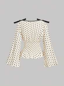 SHEIN MOD Blusa de moda para mujer con decoración de lazo de color contrastante, mangas acampanadas y cintura ceñida, verano, vacaciones, retro, vintage, campo, salir, maestra, cita, picnic, linda, vacaciones de primavera, - Albaricoque - Ver 5