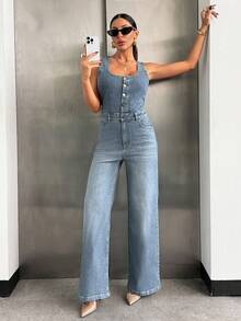 EURMUSE Comfort Button Front Denim Woman Overall Jumpsuit - Light Wash - View 3