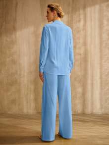 MOTF PREMIUM BUTTON FRONT LONG SLEEVE TOP & POCKET PANTS SET - Blue - View 3