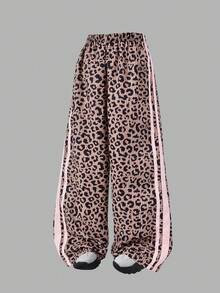 Girls' Black Street Style Casual Sports Long Pants With Simple Leopard Print Patchwork - Brown - View 9