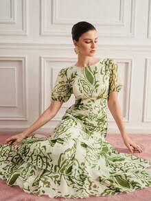 BELROSIE Printed Chiffon Layered Waist Gathered Design Round Neck Long Dress - Multicolor - View 2