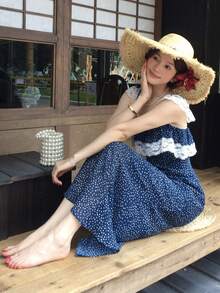 DAZY 女款蕾絲拼接韓風荷葉邊長洋裝 度假夏季 - 藍色 - 查看 10