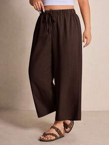 Elaquor Pantalones de pierna ancha casuales y versátiles de uso diario con cintura con cordón de unicolor para mujer de talla grande - Café integral - Ver 5