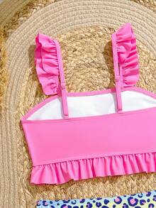 SHEIN Tween Girl Colorful Leopard Print Pink Ruffle Swimsuit Set - Pink - View 4