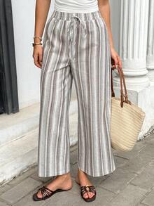 Serisse Women's Striped Casual Versatile Daily Outing Wide Leg Long Pants - Brown - View 9