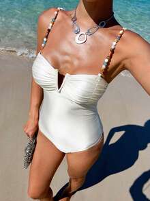 Opulessa Women's Pleated Beaded One-Piece Swimsuit, Suitable For Beach Vacation, Pool Party, Beach Party - Beige - View 8