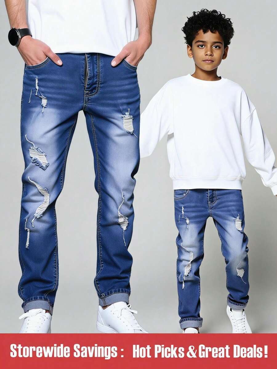 SHEIN 青少年男孩时尚复古水洗做旧紧身弹力牛仔裤,舒适百搭卷边休闲裤 - 中等水洗藍 - 查看 1