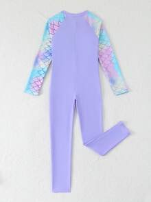 SHEIN 青少年女孩一件式新式泳衣 紫色拼接長袖長褲 魚鱗花卉運動風 時尚休閒 精緻華麗 亮眼活潑 可愛俏皮 充滿活力 適合游泳、度假、夏季海灘、泳池、拍照、水上樂園、溫泉、送禮 - 淡紫色 - 查看 2