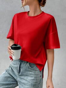 SHEIN Essnce 純棉舒適女款極簡基本款前短後長T恤，時尚百搭，適合外出、穿搭、旅行與度假 - 紅色 - 查看 4