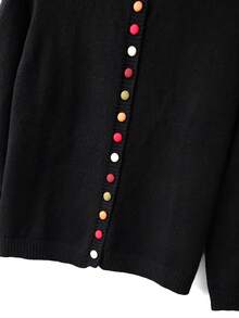 SHEIN Plus Size Casual Round Neck Colorful Button Long Sleeve Cardigan - Black - View 4