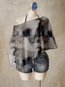 SHEIN ICON Plus Size Women's Tie Dye Print Asymmetrical Shoulder Loose Fashion Top - Multicolor - View 3