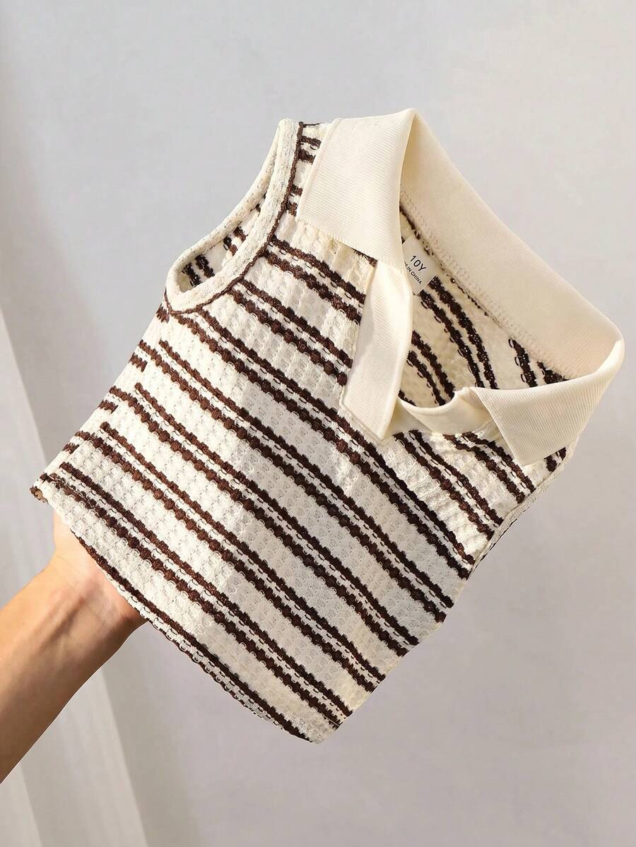 SHEIN 少女可爱条纹针织无袖polo衫,夏季百搭 - 棕色 - 查看 1