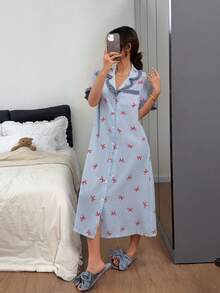 Napfluff Blue Striped Bow Print Elegant Cute Women's Ruffle Long Nightgown - Blue and White - View 6