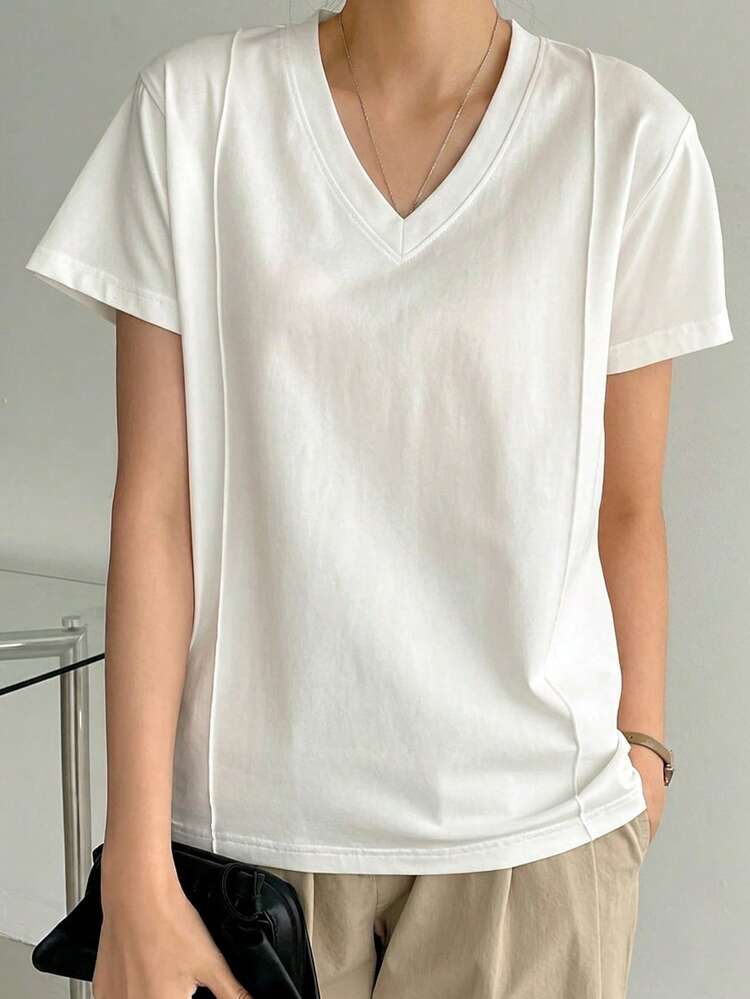 Spring Summer Loose Business Casual Style Fashion Office Wear Street White Top Design Patchwork Short Sleeve Women's T-Shirt
