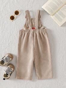 SHEIN Playful Pals 男嬰 0-3 歲 春/秋 卡其色字母刺繡燈芯絨連身褲，適合外出、購物、休閒、生日派對 - 卡其色 - 查看 3