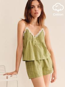 lacRébo Conjunto de pijama de camisola y pantalón corto verde de corte holgado con detalles de encaje, camisola con cuello en V y pantalón corto de cintura media - Verde - Ver 5