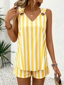 EMERY ROSE V-Neck Sleeveless Casual Minimalist Striped Women's 2 Pieces Set - Multicolor - View 5