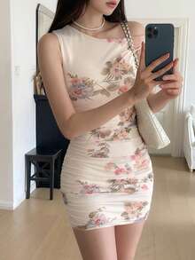 DAZY 女款全花卉印花優雅中長洋裝 夏季 - 杏色 - 查看 7