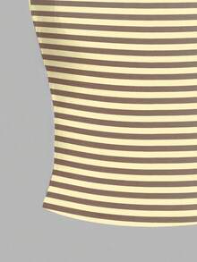 Tween Girls Casual Simple Pale Yellow Striped Spaghetti Strap Fitted Tank Top Summer Top - White - View 5