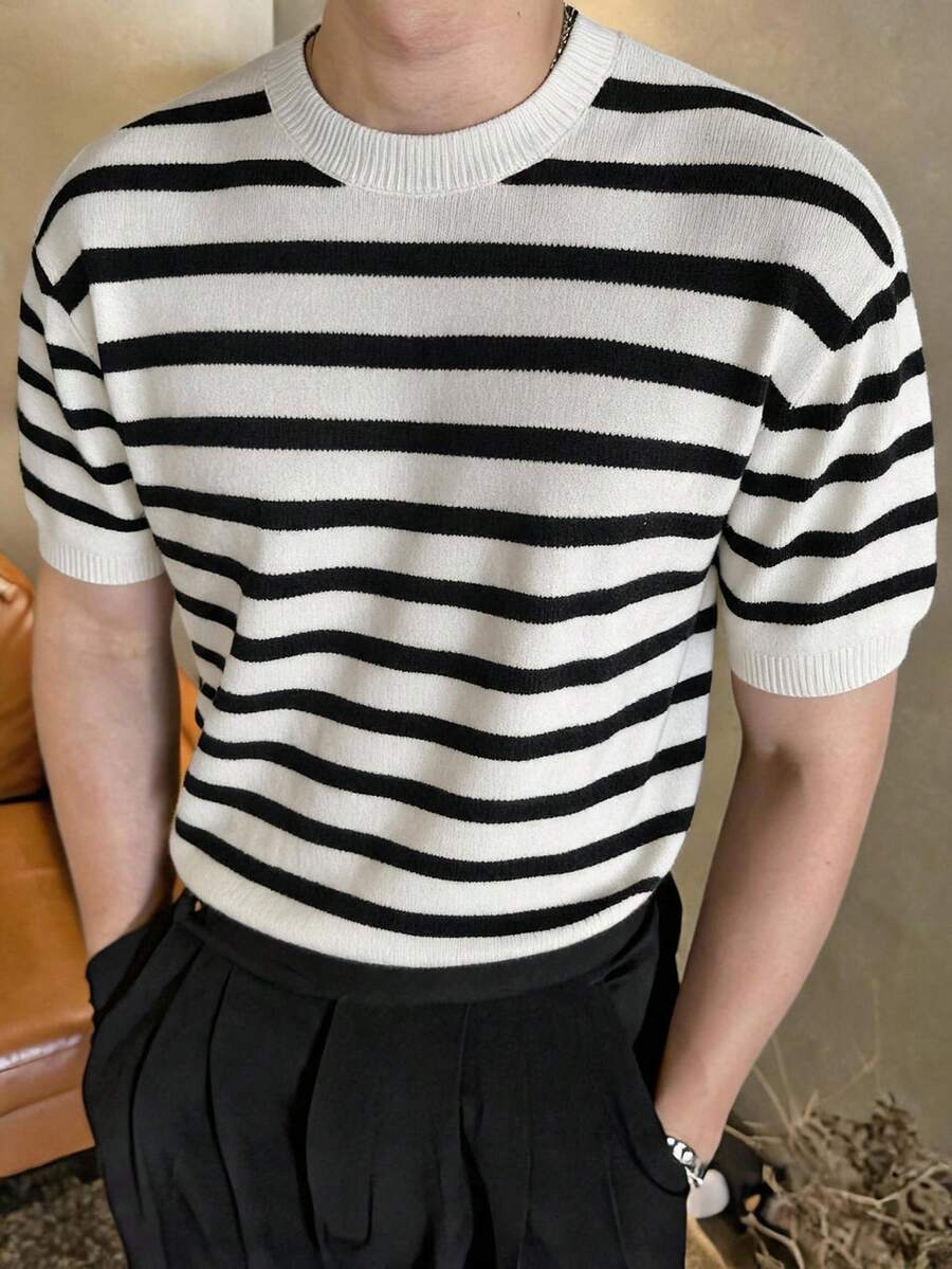 DAZY Camiseta de punto de verano para hombre con estampado de rayas - Beis - Ver 1