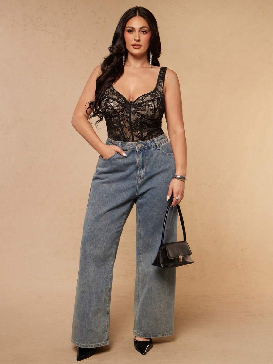 SHEIN BAE CURVE 大尺碼女款蕾絲性感連身內衣 - 黑色 - 查看 1