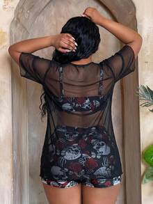 Maweii Bộ đồ bơi tankini họa tiết đầu lâu và hoa hồng Punk cỡ lớn 3 món kèm áo choàng, mùa hè, Halloween - Nhiều màu - Xem 2