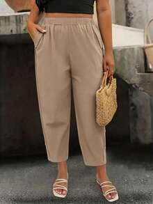 Linhara CURVE Plus Size Women's Casual Fashion Side Seam Coconut Button Decor Long Pants Fall - Khaki - View 3