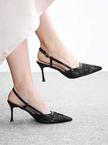 CUCCOO CHICEST Women Shoes Pointed Slimline Heel Fashion Black Lace Mesh Basic Simple Daily Versatile Elegant Wedding Party Women's High Heel Shoes Slingback Shoes - Mesh black - View 2