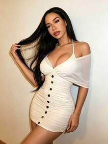 BamGleam Apricot Off Shoulder Halter Ruched Waist Bodycon Mini Dress, Sexy Pleated Net Yarn Slim Fit Single-Breasted Dress - Apricot - View 4