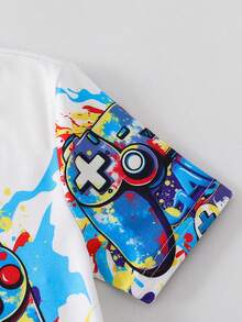 SHEIN [Random 3 Sets Send 1 Set]Tween Boy Snug Fit Fluorescent Game Controller Pattern Short Sleeve Long Pants Knit Comfortable Tight Home Sleepwear - White - View 3