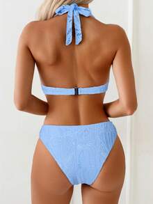 Swim Lushoire Women's Summer Beach Vacation Solid Color Textured Jacquard Fabric Front & Middle Shell Metal Buckle Backless Tie Halter Bikini Set - Blue - View 2